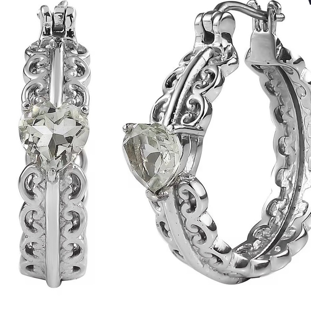 Mexican Prasiolite Heart Hoop Earrings New in Box Stainless Steel Hoops